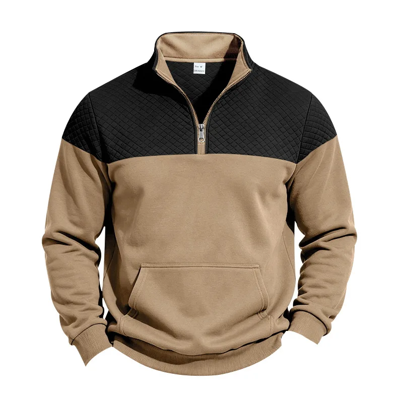 026 Men's Zip Stand Collar Sweatshirt,Heavy Fleece Lined,Colorblock Jacquard,Loose American Top,Autumn Winter Hot