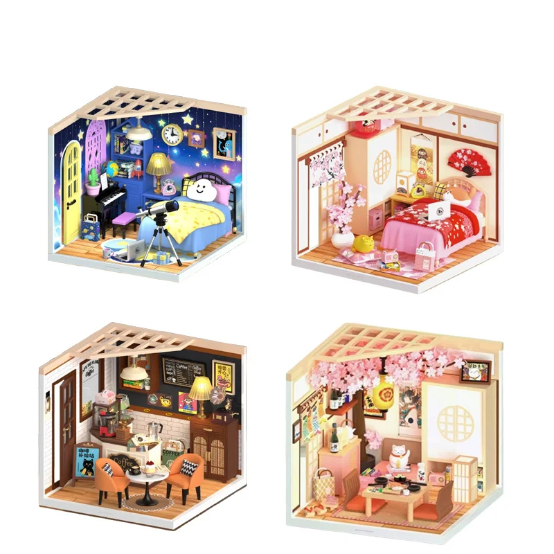 

Coffee Shop Cherry Blossom House Blind Box Tree Handmade Assembly Building Block House Miniature House Model Toy Kids Gift