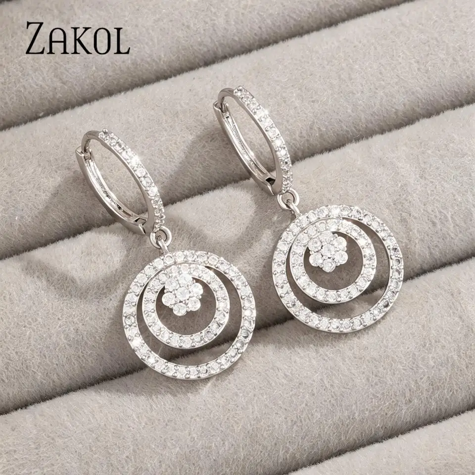 ZAKOL Sparkling Double Layer Circle Hoop Earrings For Women Elegant Full Paved Zircon Dangle Earrings Wedding Party Jewelry Gift