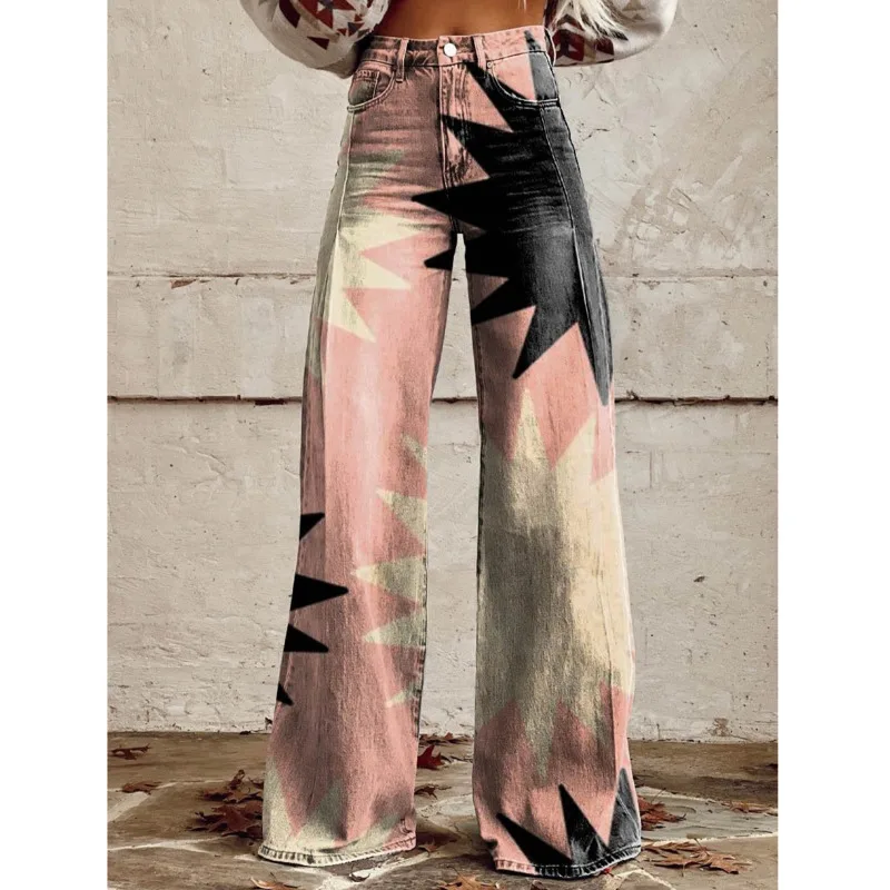 

Fashion Print Pants Elegant High Waisted Wide Leg Trousers Casual Loose Colorful Pattern Printed High Street Slacks