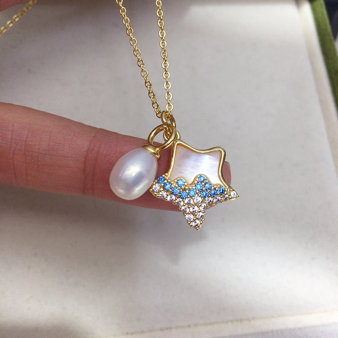 ZHBORUINI  Natural Freshwater Pearl Pendant Earrings Cute Style Natural Sea Shell Star Micro Inlaid Zircon Pearl Set view 4
