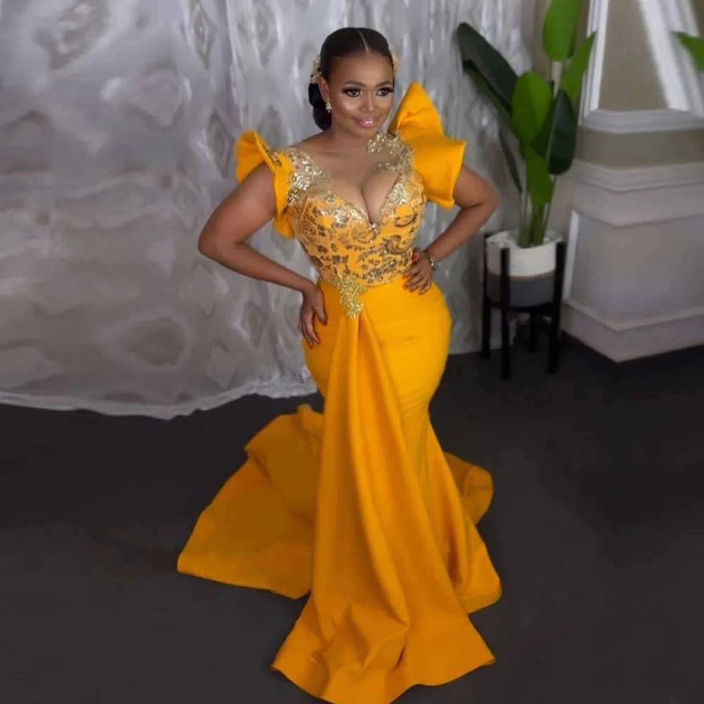 Aso Ebi Style Wedding Party Dress Custom Prom Gowns Plus Size Stretch Satin Elegant African Gold Yellow Mermaid Evening Dresses