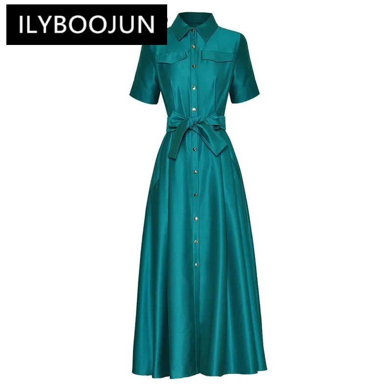 

ILYBOOJUN 2024 Summer New Arrivals High Quality Women Dress Turn-down Collar Single Breasted Elegant Office Big Swing Midi Dress