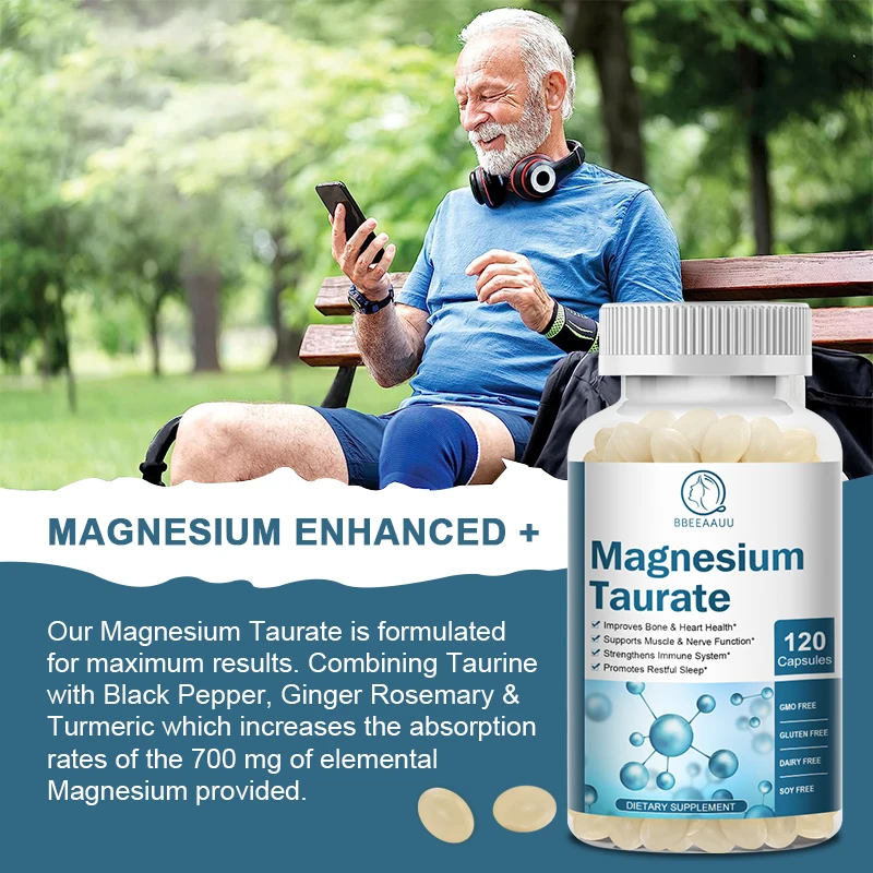 BBEEAAUU Magnesium Taurine Capsules for Leg Spasms, Muscle Tension, and Support Muscle Function Promoting Cardiovascular Health