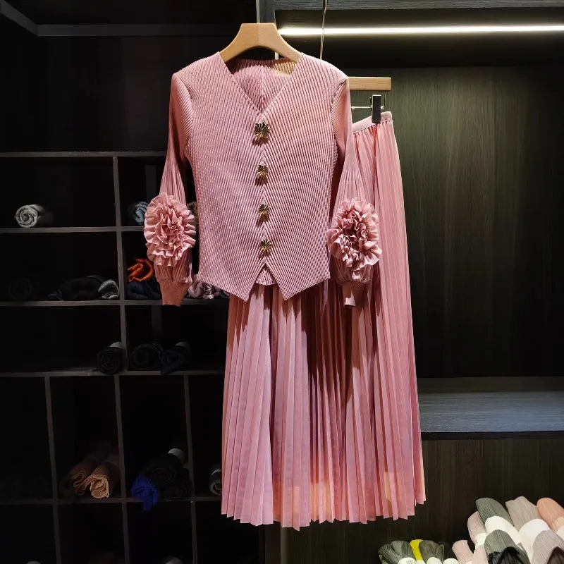 Miyake Pleated Long Suit 2026 High-End Fashion Niche Design Floral Sleeve Pleats Suit Elegant Loose Plus Size Slim 2-Piece Set