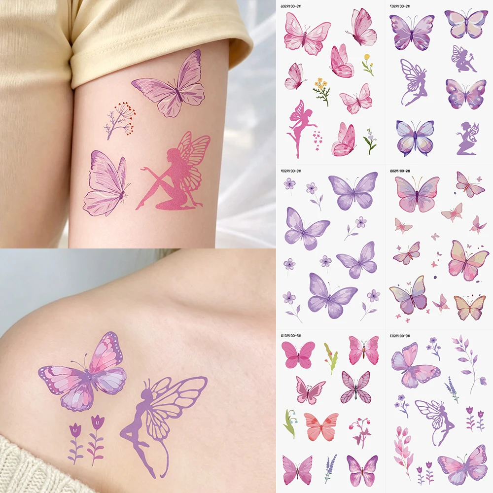 10Pcs Butterfly Fairy Waterproof Temporary Tattoo Sticker Gradient Pink Purple Butterfly Fake Tattoo Decals for Hand Body Chest#