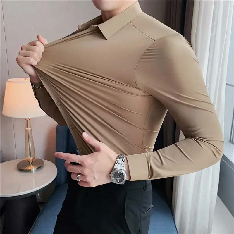 

High End Dress White Shirts Man Non Ironing Solid Color Silk-like Elastic Tops Business Office Luxurious Male Business Shirt 6XL