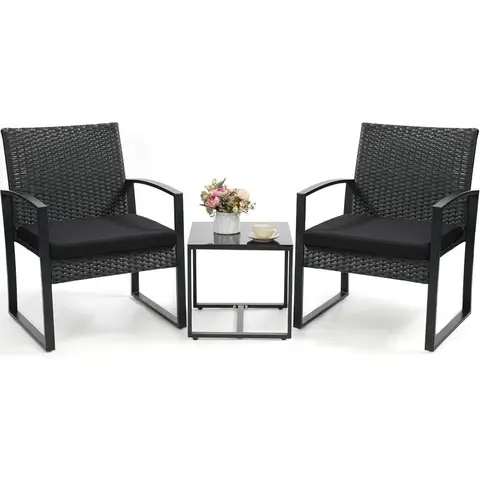 3 Piece Wicker Patio Bistro Set with Coffee Table Rattan Conversation Furniture for Balcony Garden Poolside Porch Yard Black