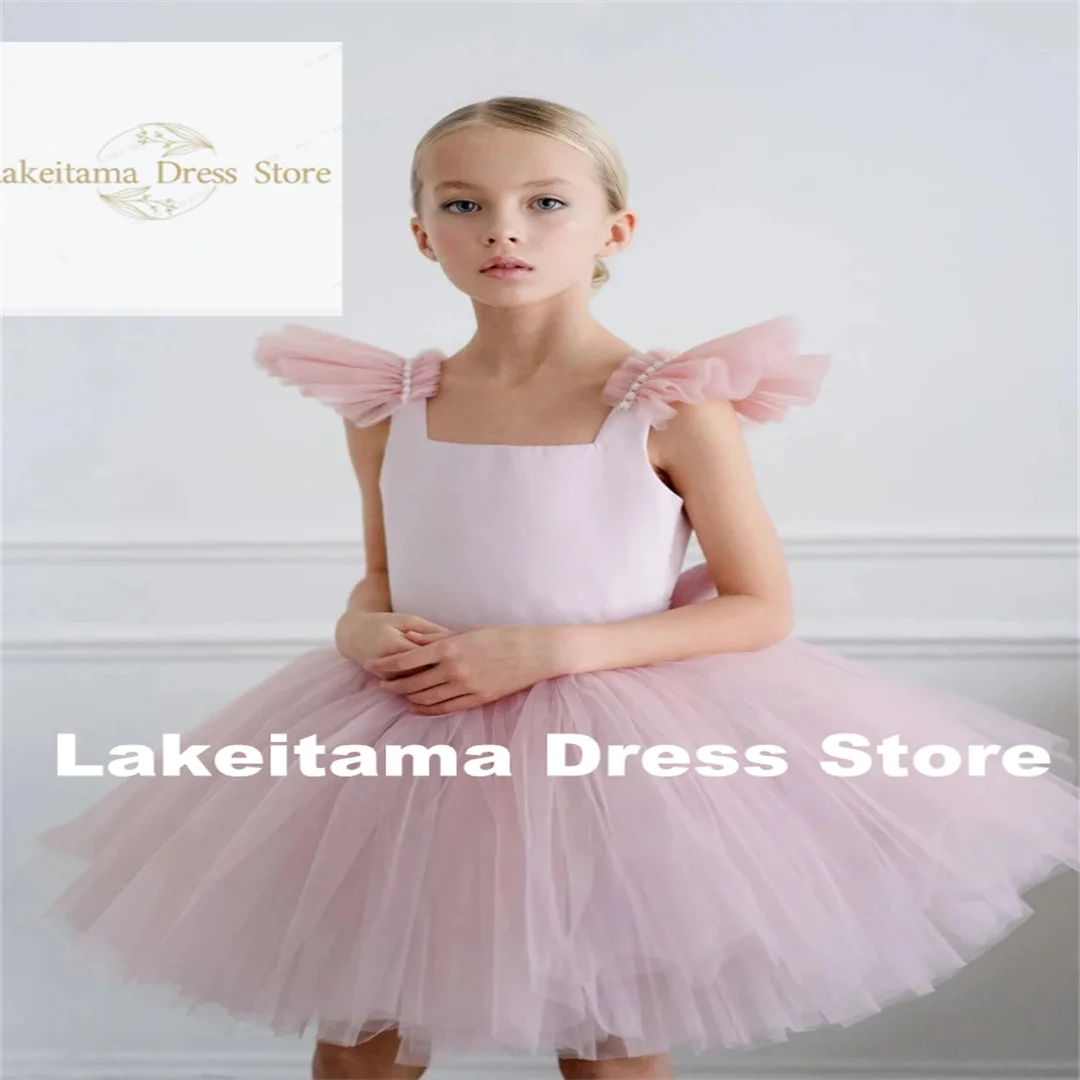 Customization Flower Girl Dresses Dusty Pink Tulle Puffy With Bow Sleeveless For Wedding Birthday Banquet First Communion Gowns