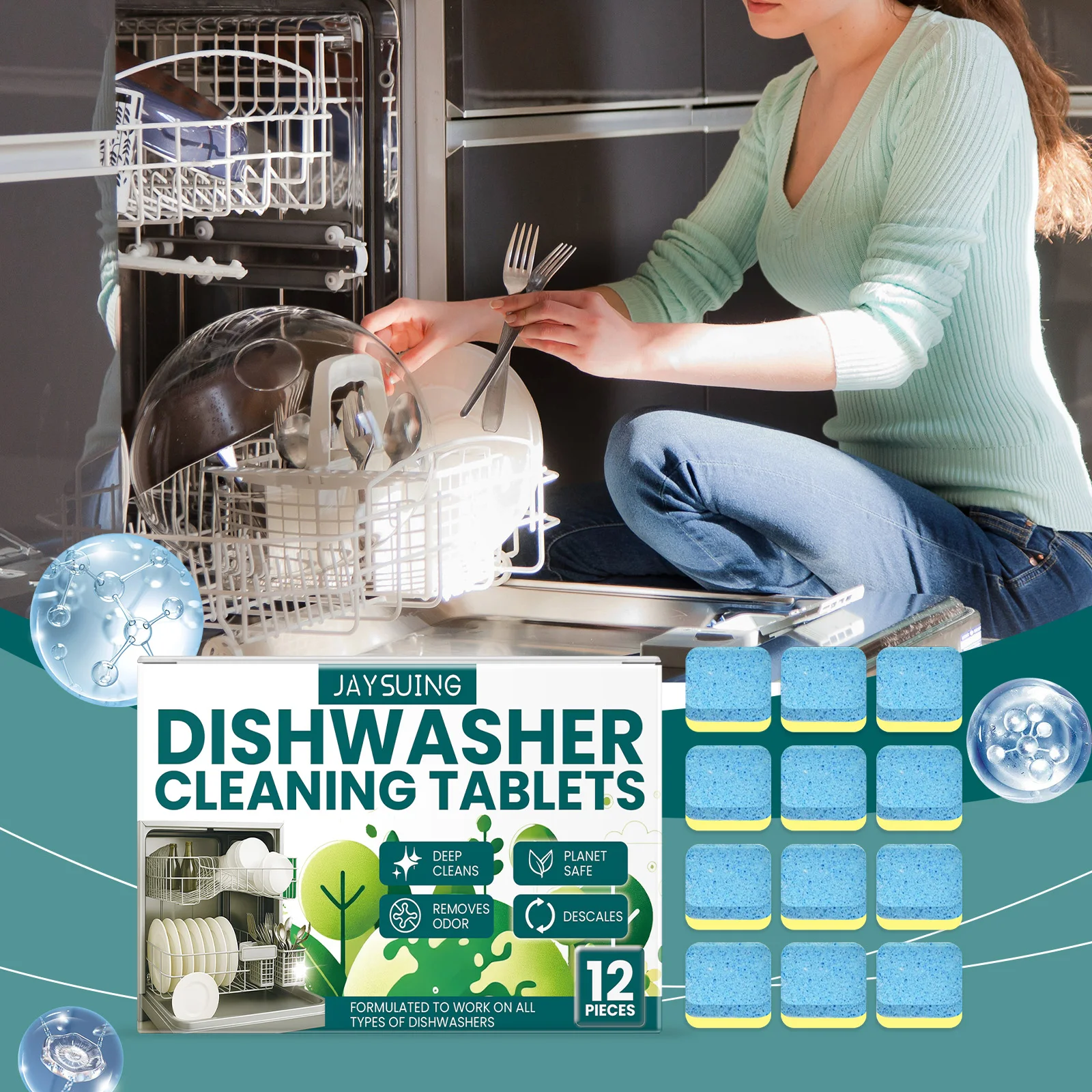 Jaysuing Dishwasher Cleaning Tablets, Gentle Stain Removal Scale Household Kitchen Dishwasher Cleaning Tablets