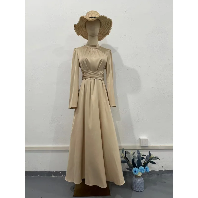 Spring new style lace-up solid color satin princess style waist-cinching slimming dress