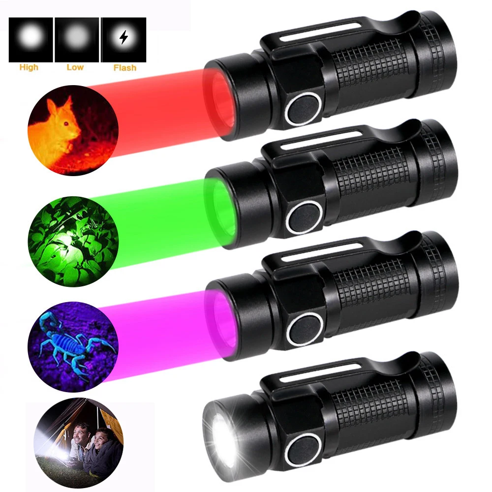 Mini Clip Pen Flashlight Green/Red/UV/White Torch Tactical 3 Modes Inspection Beam Lamp Outdoor Camping Hiking Hunting Lantern