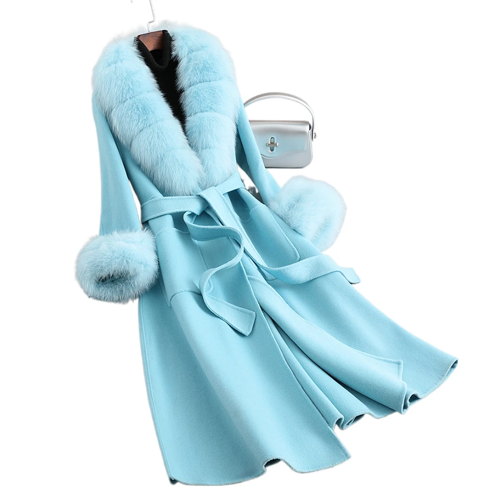 

ZDFURS* 2023 Lady Lady Big Fox Fur Collar Double-Sided Cashmere Wool Coat Long High-End Double-Sided Wool Fur Coat