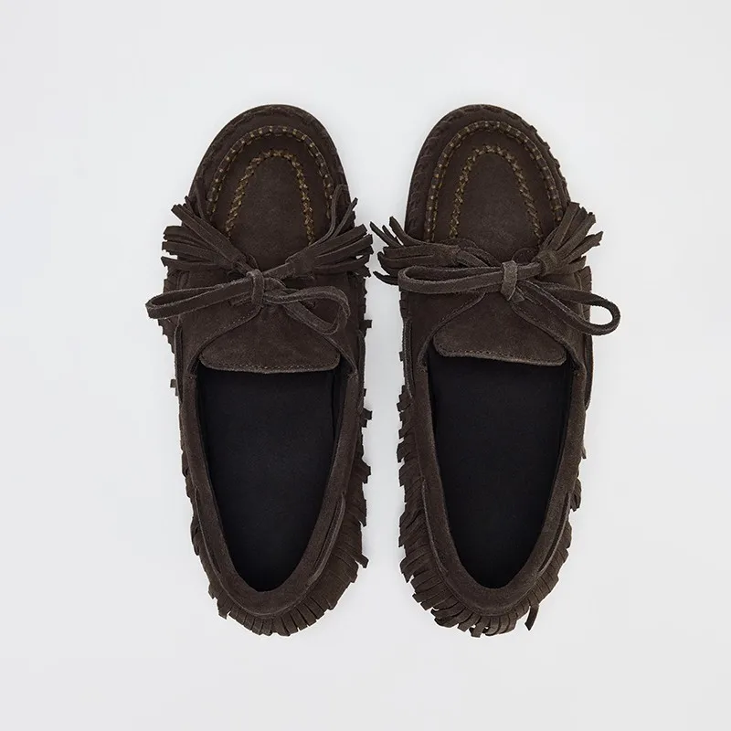 

Spring 2026 Tassel Bean Shoes Real Leather Lazy Flat Bottom Loafers Women's Fashion Street Style round Toe Deep Mouth Rubber ...