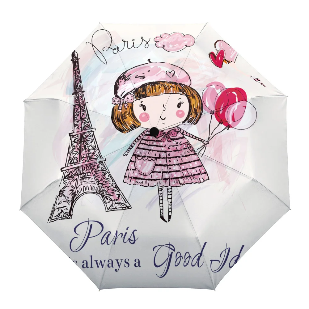 Girl Tower Retro Balloon Art Clouds Creative Umbrella Rain Women Automatic Three Folding Umbrellas Windproof Parasol Parapluie