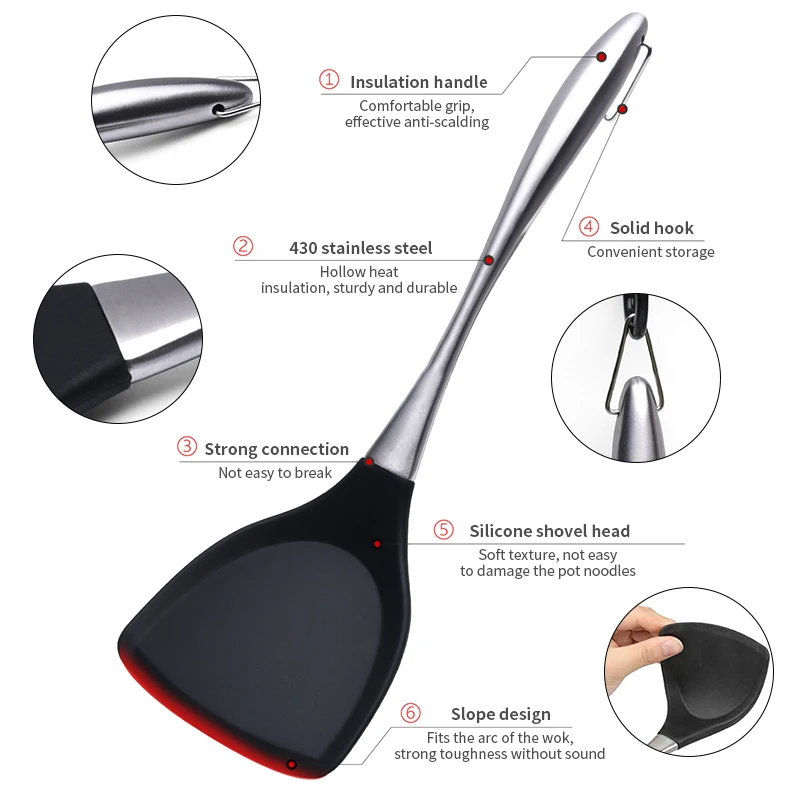 BBQ Silicone Wok Spatula Stainless Steel Cooking Turner Non-Stick Shovel Heat-Resistant Non-toxic Wok Turner Kitchen Accessories