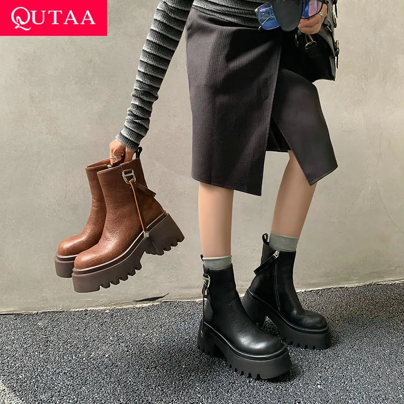 

QUTAA 2026 Fashion Women Ankle Boots Winter Zipper Shoes Cow Leather Autumn Mid Heels Motorcycle Round Toe Short Boots 34-40