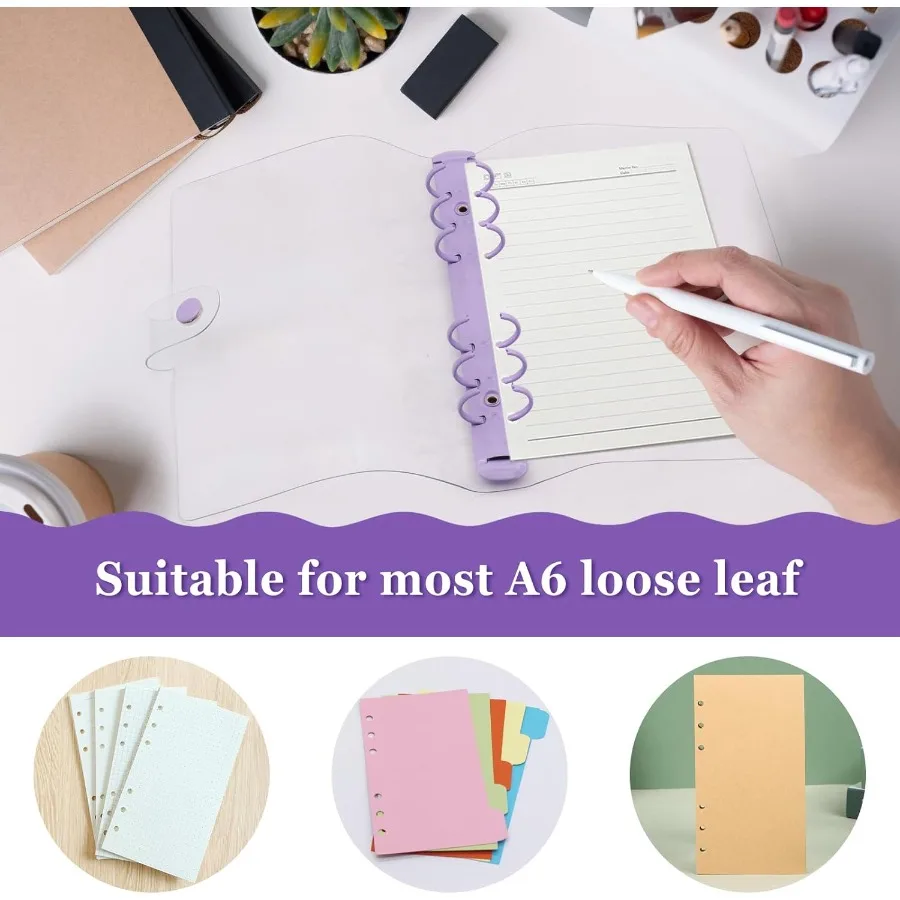 6 Pack PVC A6 Binder Transparent 6 Ring Binder Clear Soft PVC Notebook Cover Budget Planner Folder Cover with Sp Button