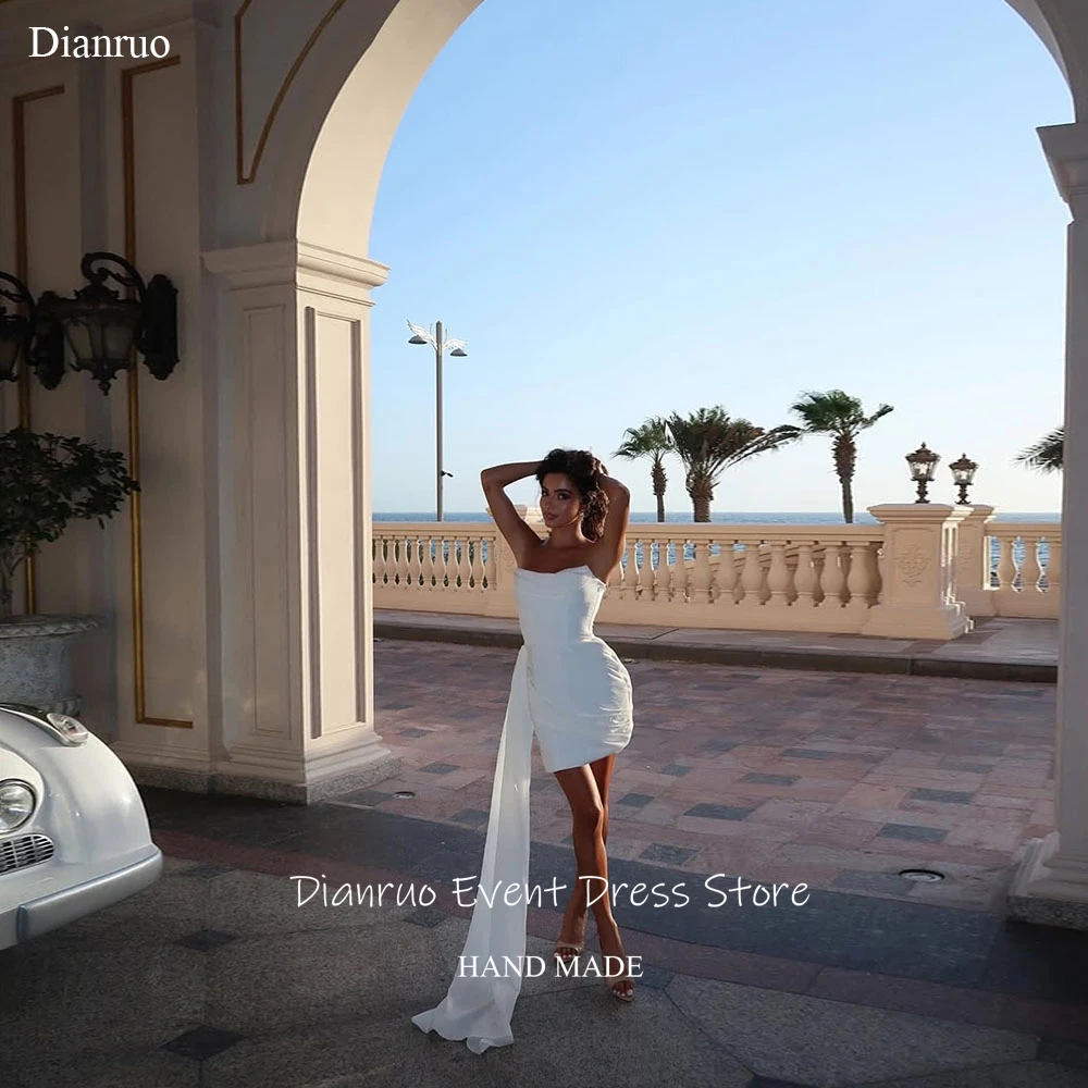 

Dianruo Asymmetric Satin Prom Dresses Above Knee Ruched Waist Vestidos De Fiesta Elegantes Strapless Homecoming Dress Customized