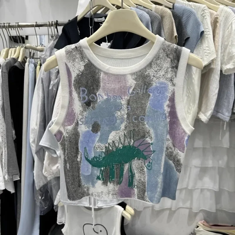 Feminino retro graffiti malha colete verão 2026 novo fino sem mangas regata contraste colorido casual camisola colheita topo