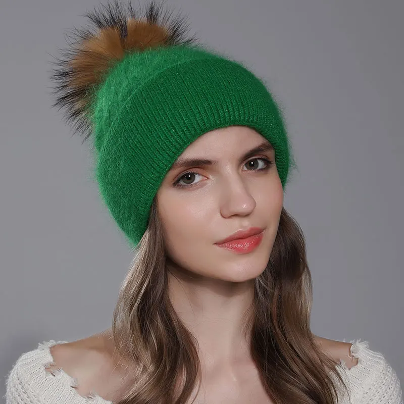 CNTANG-gorro de punto con pompón de piel de mapache Natural para mujer, gorro cálido de Angora de conejo, gorros de lana de invierno para mujer,