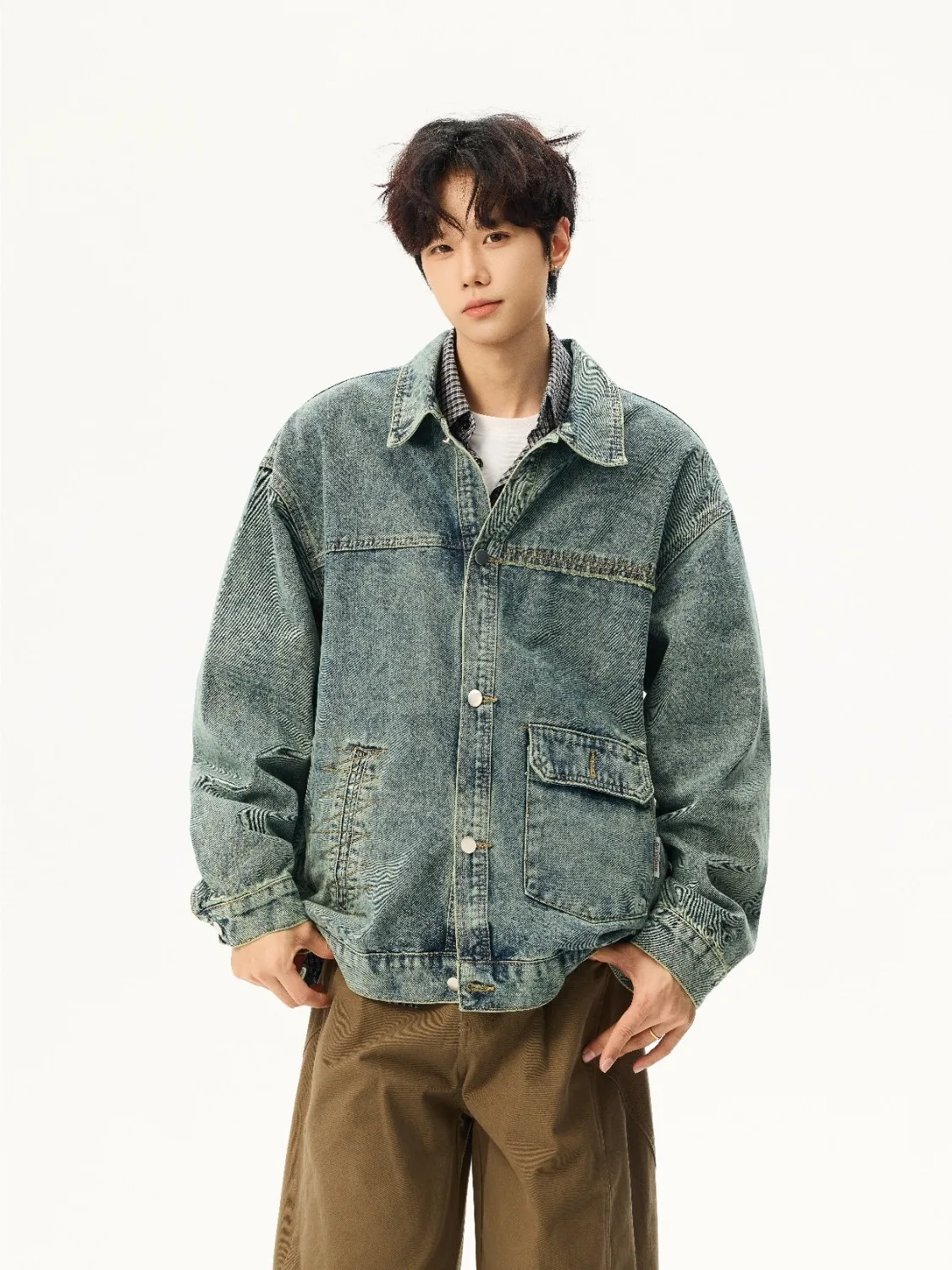 

Retro American Sle Men's Denim Jaet Vintage Waed Loose Fit Trendy Durable Cotton Polyester Blend Long Sve Coat