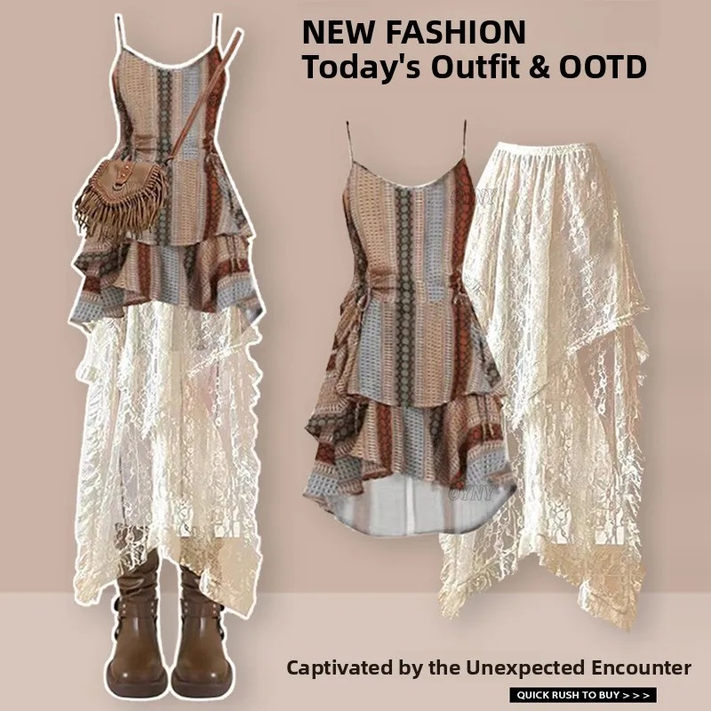 

Design Sensation Asymmetrical Strap Dress Early Autumn Outfit Set 2026 Waist Cinching Slimming Lace Half-length Skirt