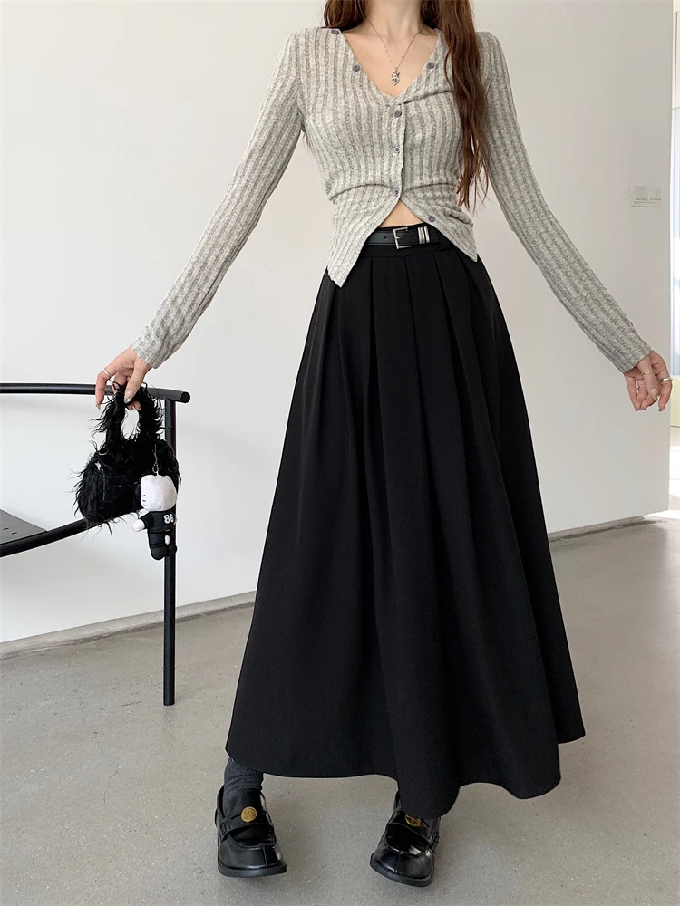 2026 New Korean Skirt Women Solid Color Versatile Mid-length Pleated Skirt Large Swing Type Skirt Female Long Skirts for Women