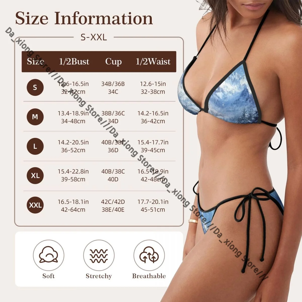 ภูมิทัศน์ฤดูหนาวหิมะปกคลุมภูเขา Coniferous ต้นไม้ผู้หญิงเซ็กซี่บิกินี่ชุดว่ายน้ํา Micro Thongs Bordered Beachwear