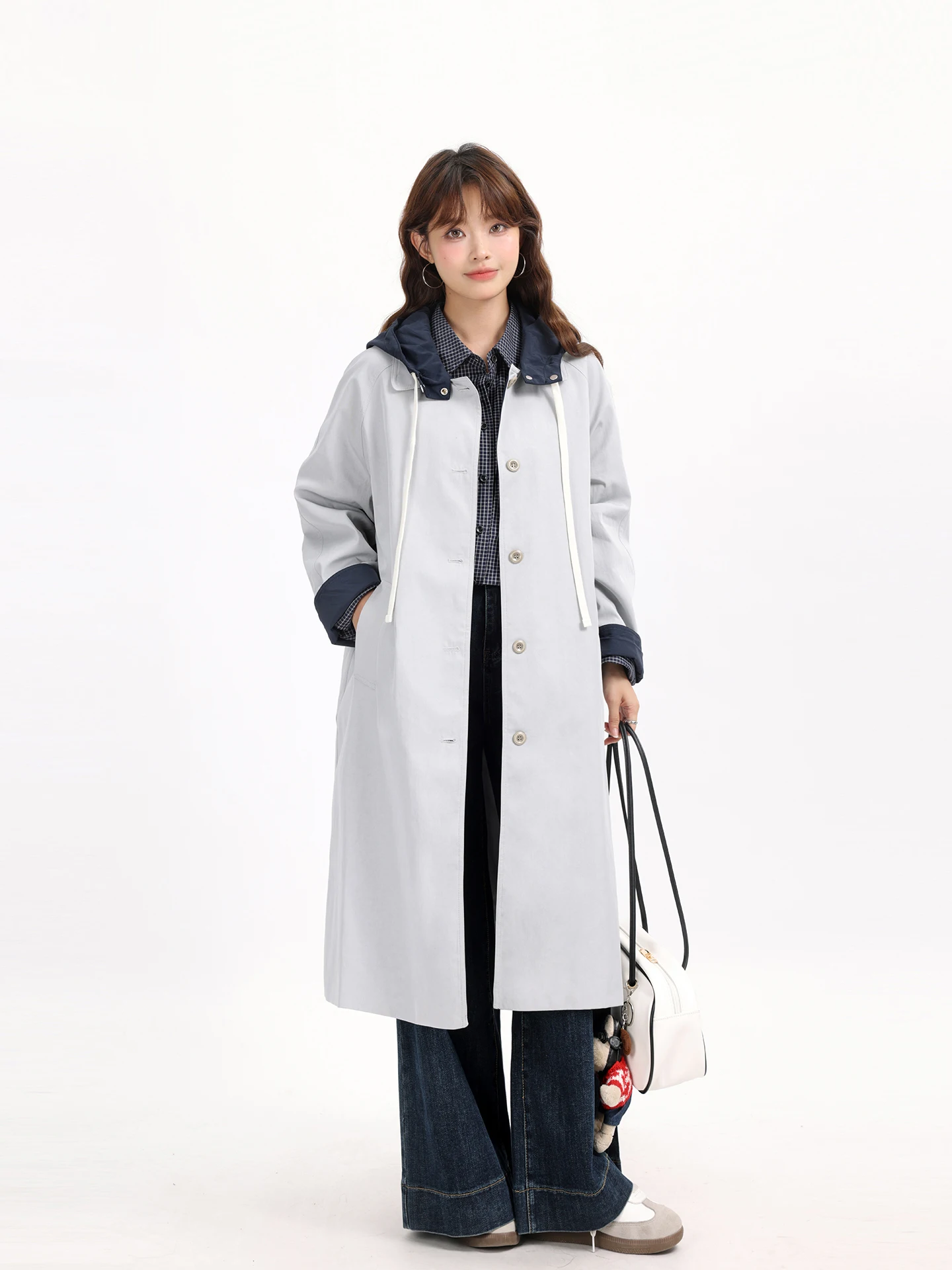 

Ele Retro Long Spliced Color Blo Hooded Coat Straight Leg Slimming Casual Early Autumn Coat Korean Sle Commute