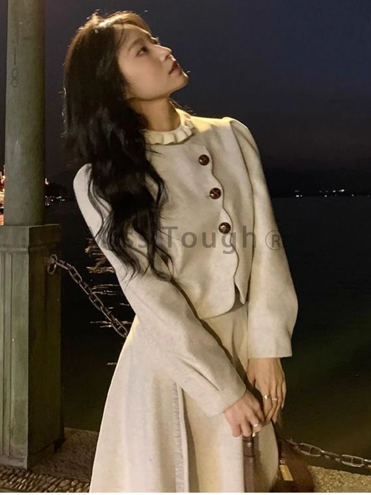 Winter Vintage Elegant Solid 2 Piece Set Women Preppy Style Button Y2k Casual Midi Skirt Suit Female Korean Style Chic Sets 2023