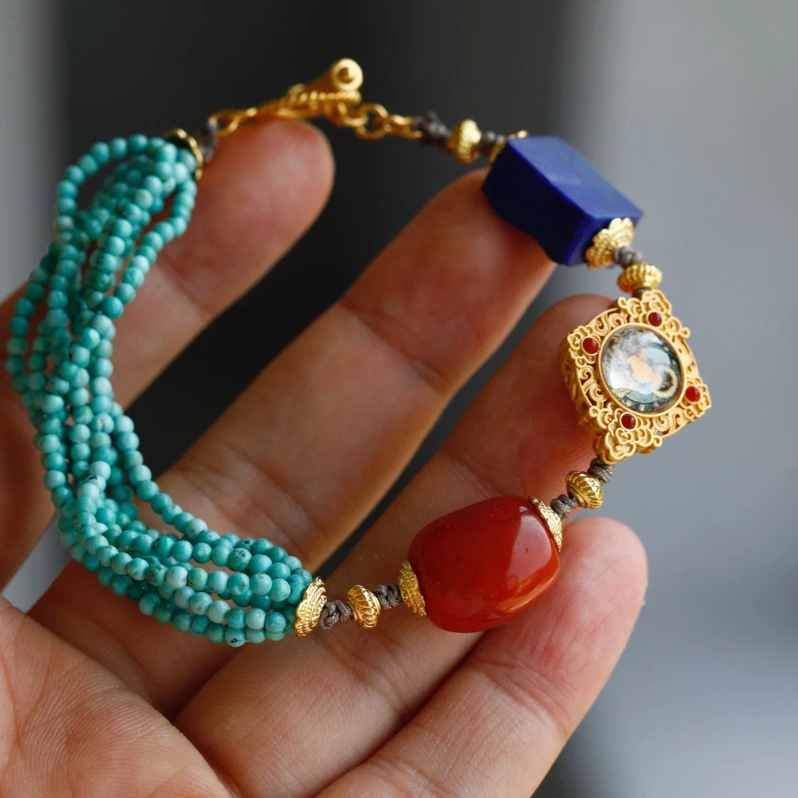 

S925 Gold-Plated Natural Turquoise Multi-Strand Bracelet, Freeform Red Agate with Yellow Jambhala Charm & Raw Lapis Lazuli