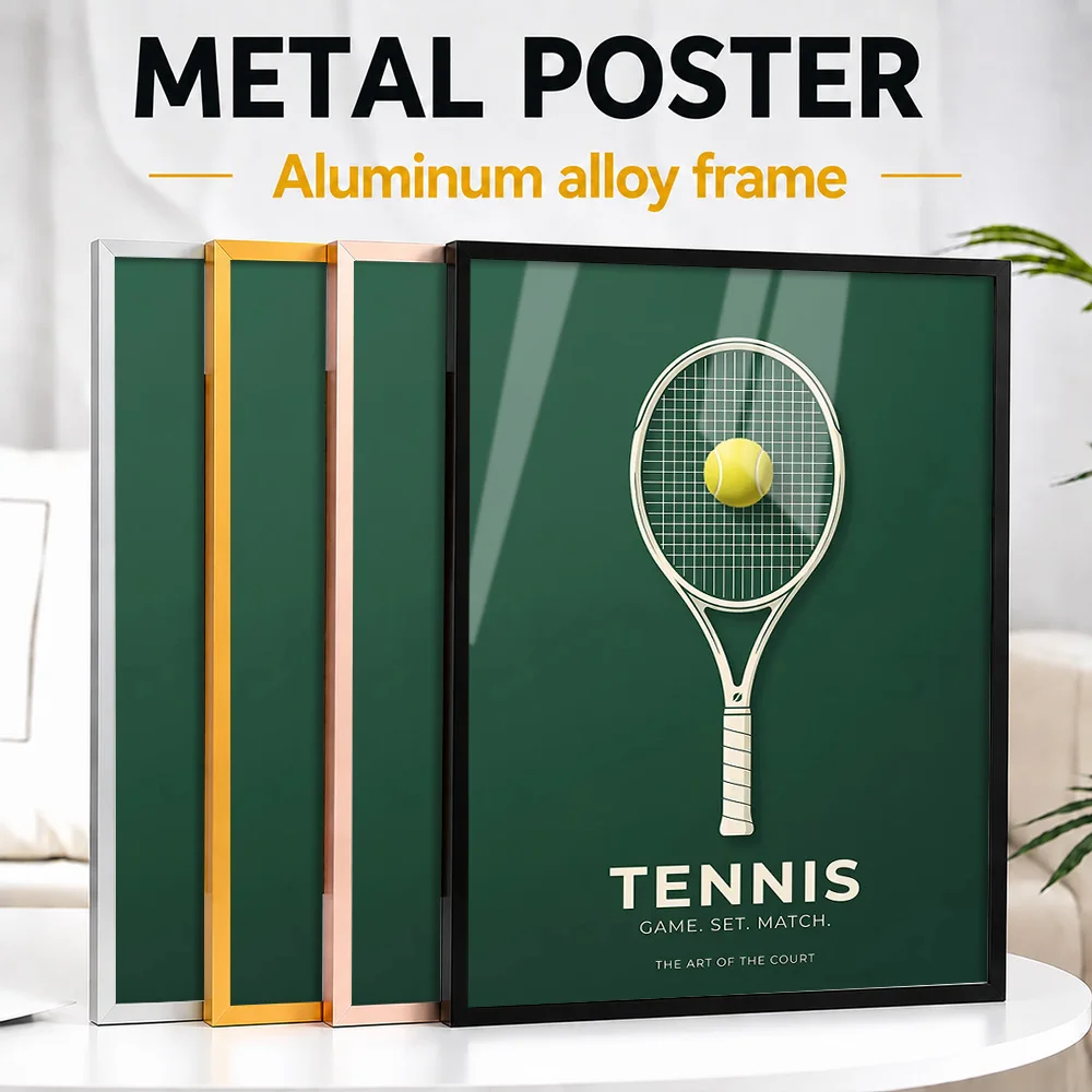 Minimalist Tennis Racket And Ball Metal Poster With Aluminum Alloy Frame Customized Photo Vintage Club Style Wall Art For Study