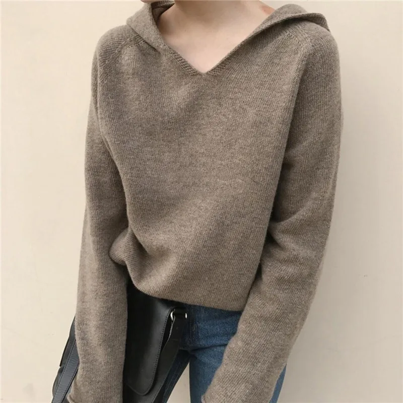 Women Hooded Knit Sweater Loose Thin Long Sleeve Pullover Korean Style Casual Basic Knitwear Tops