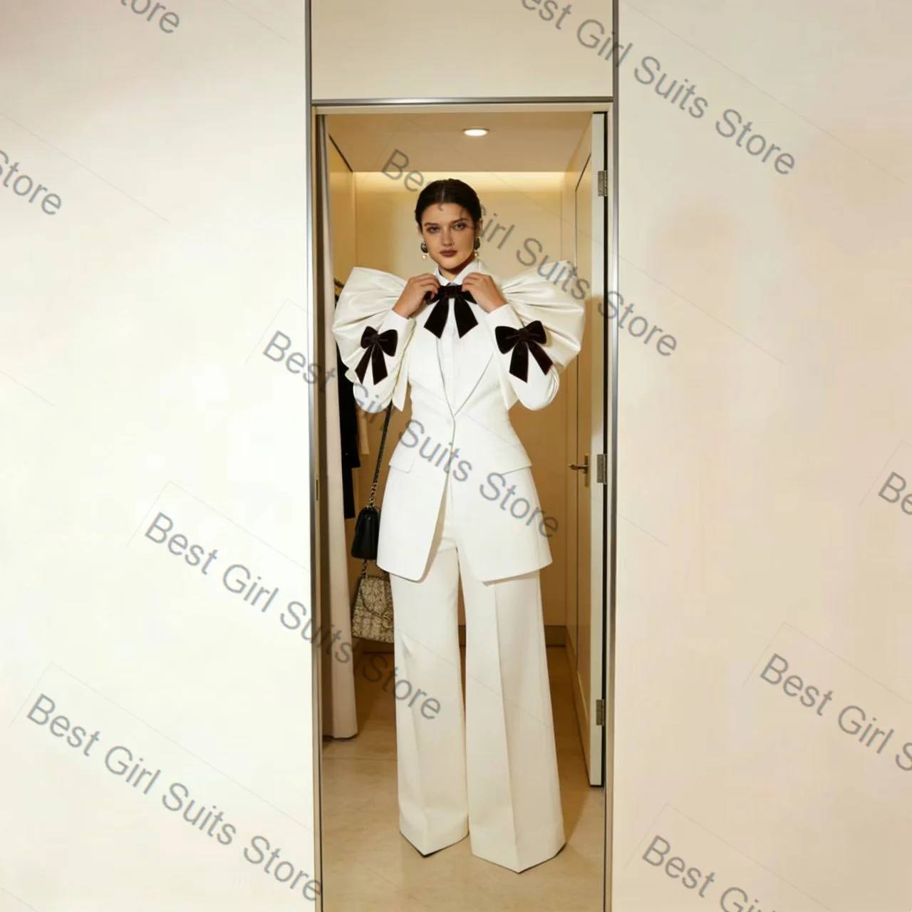 

White Black Bow Women Suit Set 2 Piece Blazer+Pants Cotton Formal Office Lady Jacket Customized Wedding Coat