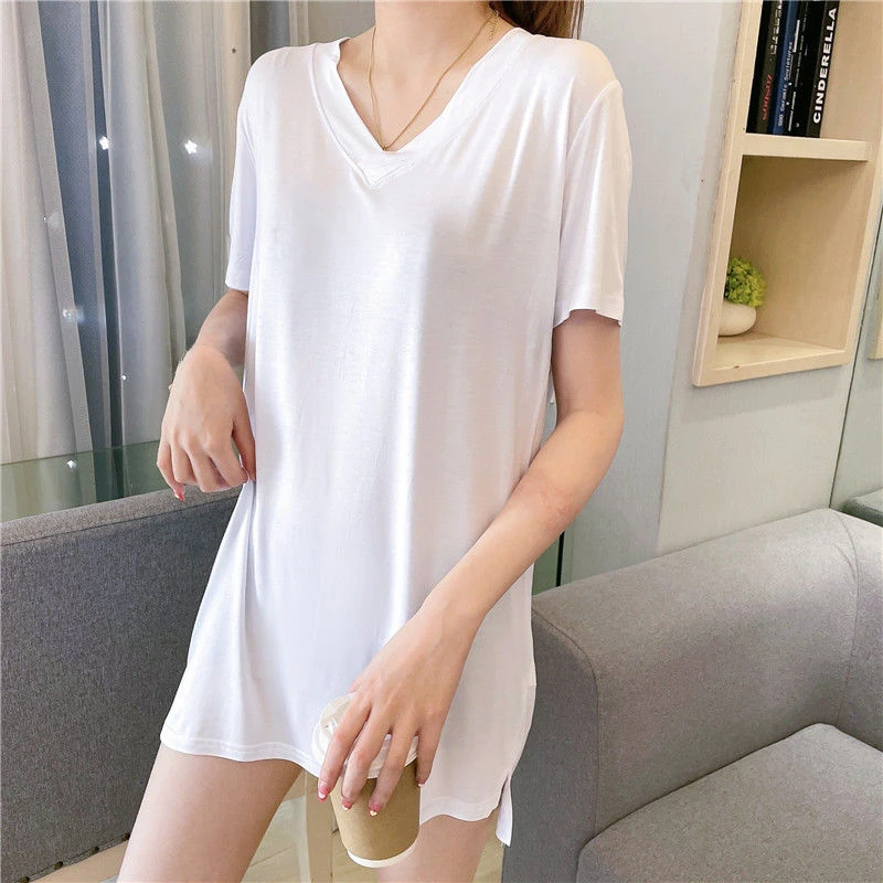 Modal Summertime New Style Ms. V-neck Solid Color Short Sleeve Thin Can Be Worn Outside Long T-shirt Side Slit Loungewear Loose