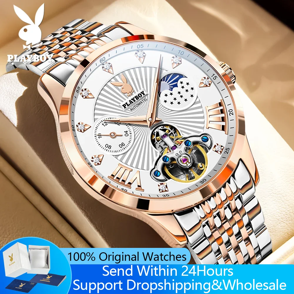 

PLAYBOY 3022 Mechanical Man Watch Skeleton Multi Function Steel Strap Leather Watchband Moon Phase Automatic Watches for Men