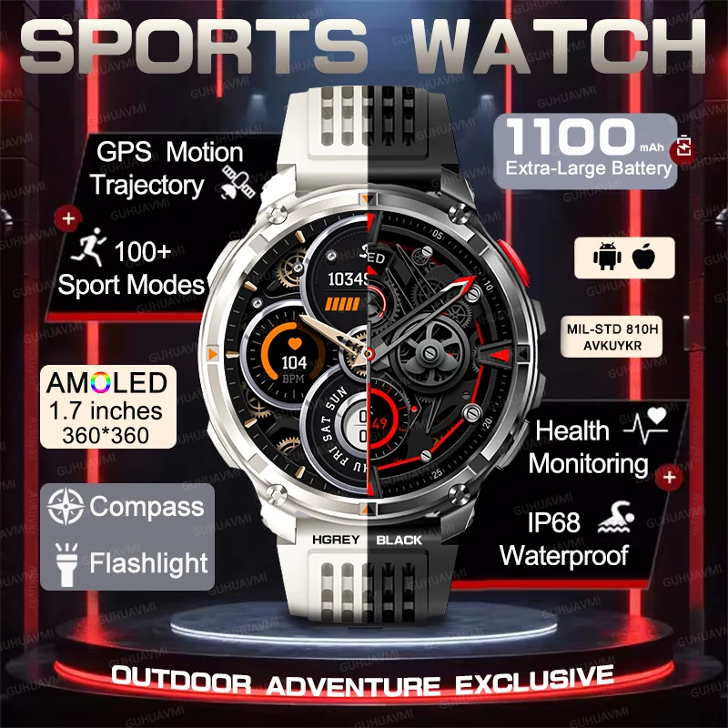 

Новинка, аккумулятор 1100 мАч, спортивные умные часы для мужчин, GPS светодиодный фонарик, сообщение, пульсометр, IP68, водонепроницаемые часы с беспроводным вызовом