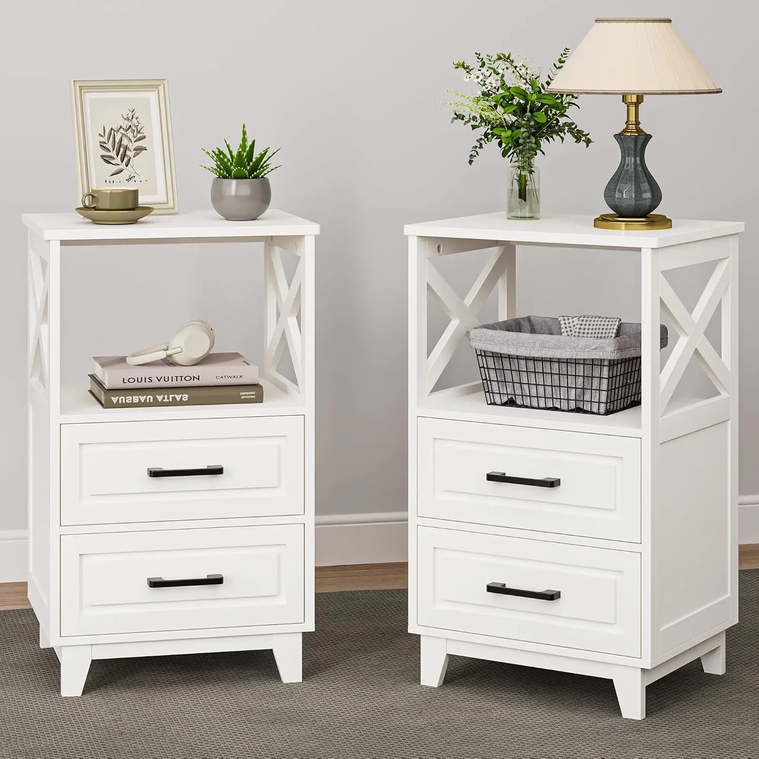 

Tall Nightstand Set of 2, White Side Table with 2 Drawers and Open Shelf, Bedside Table with Solid Feet