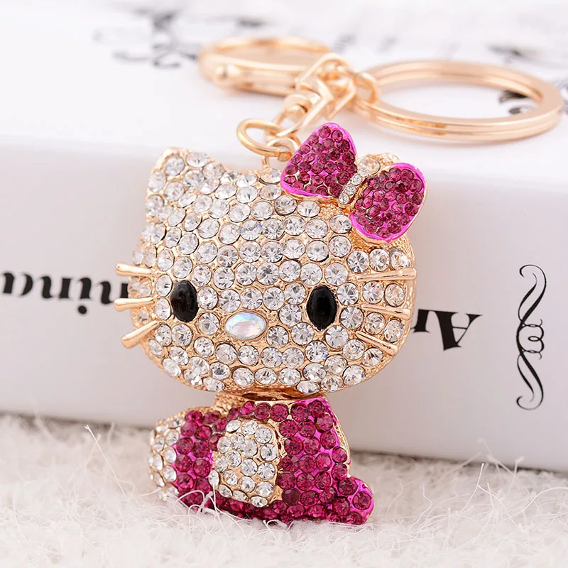 Sanrio Keychain Cartoon Figure Hello Kitty Kawaii Diamond-embedded Metal Pendant Girlish Heart KT Cat Accessories Creative Gifts