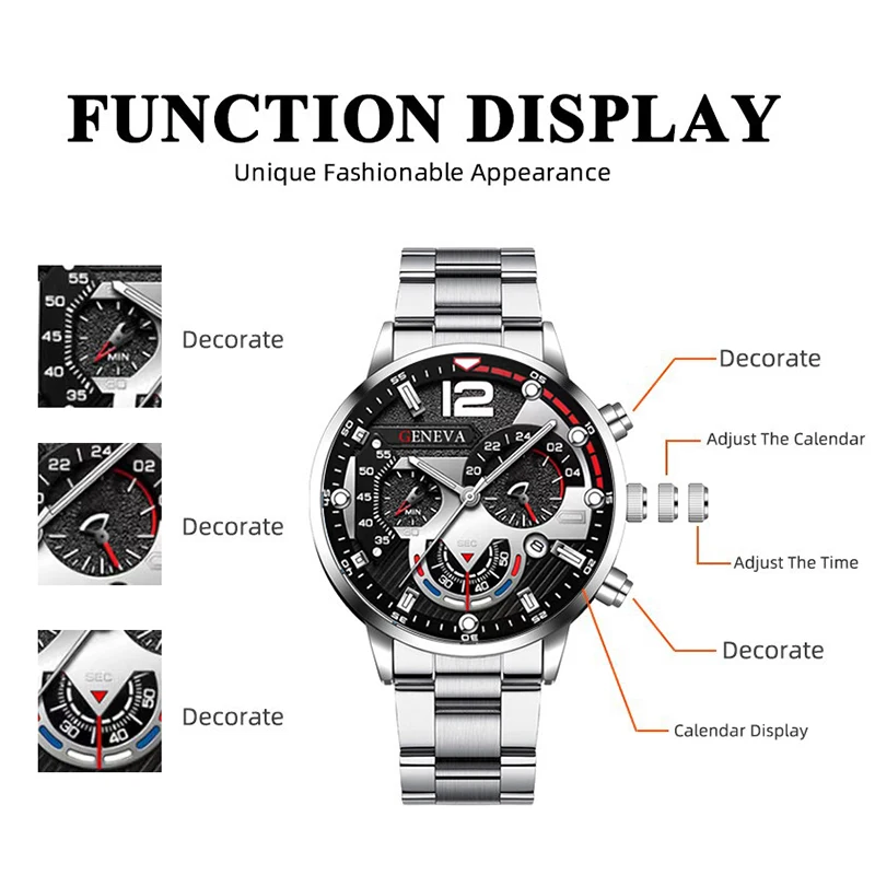 4PCS แฟชั่นผู้ชายหรูหราควอตซ์นาฬิกาหัวหอกจี้สร้อยคอสร้อยข้อมือแหวน Mens ปฏิทินธุรกิจนาฬิกาสแตนเลส