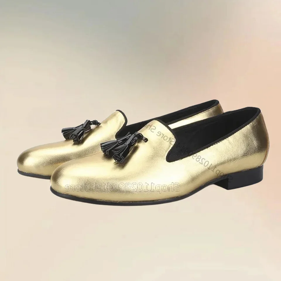 

Black Tassels Decor Gold Giltter Men Loafers Fashion Slip On Men Shoes Luxurious Handmade Party Banquet Office Men Dress Shoes