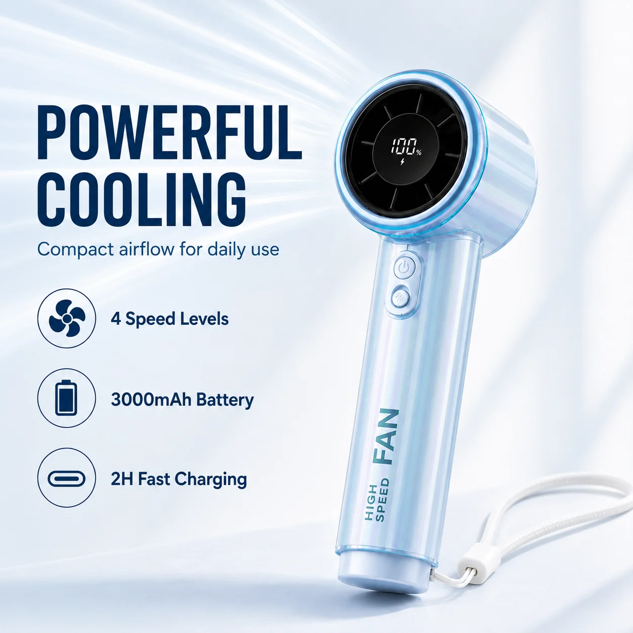 High Speed Handheld Fan, 3000mAh USB Rechargeable, 4 Speeds, Digital Display, Compact Personal Fan for Travel Office Outdoor