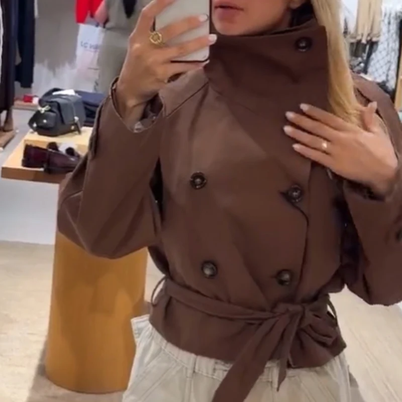 2026 New Women's Trench Coat, Short Double-Breasted with Belt Decoration, Fashionable and Simple Commuter Style