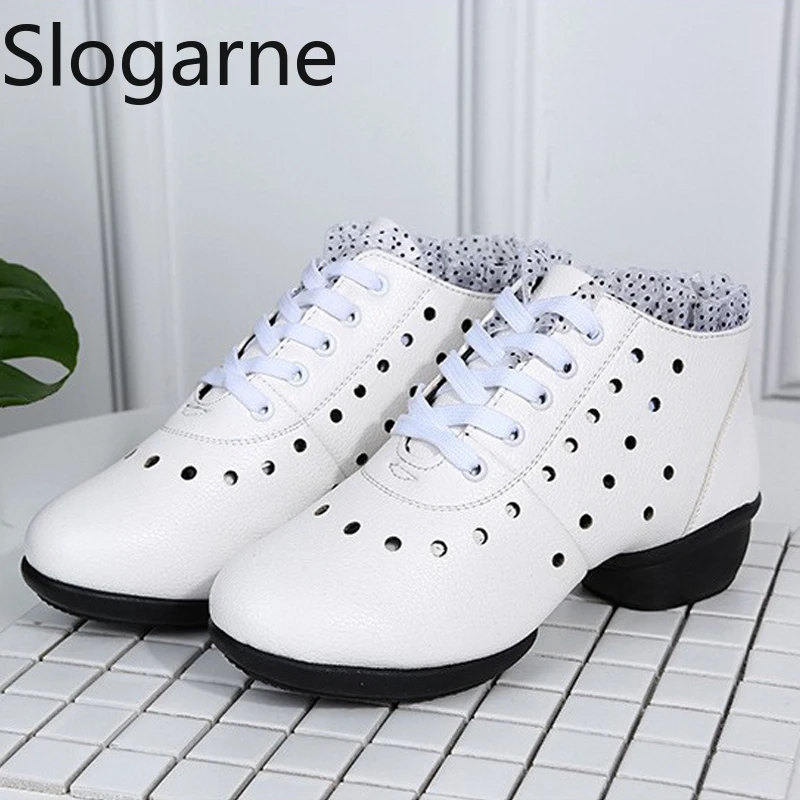 Modern Jazz Shoes Women 4CM Heels Outdoor Latin Ballroom Dance Shoes Girls Leather Hollow Yoga Trainning Shoes Stage Dance Wear