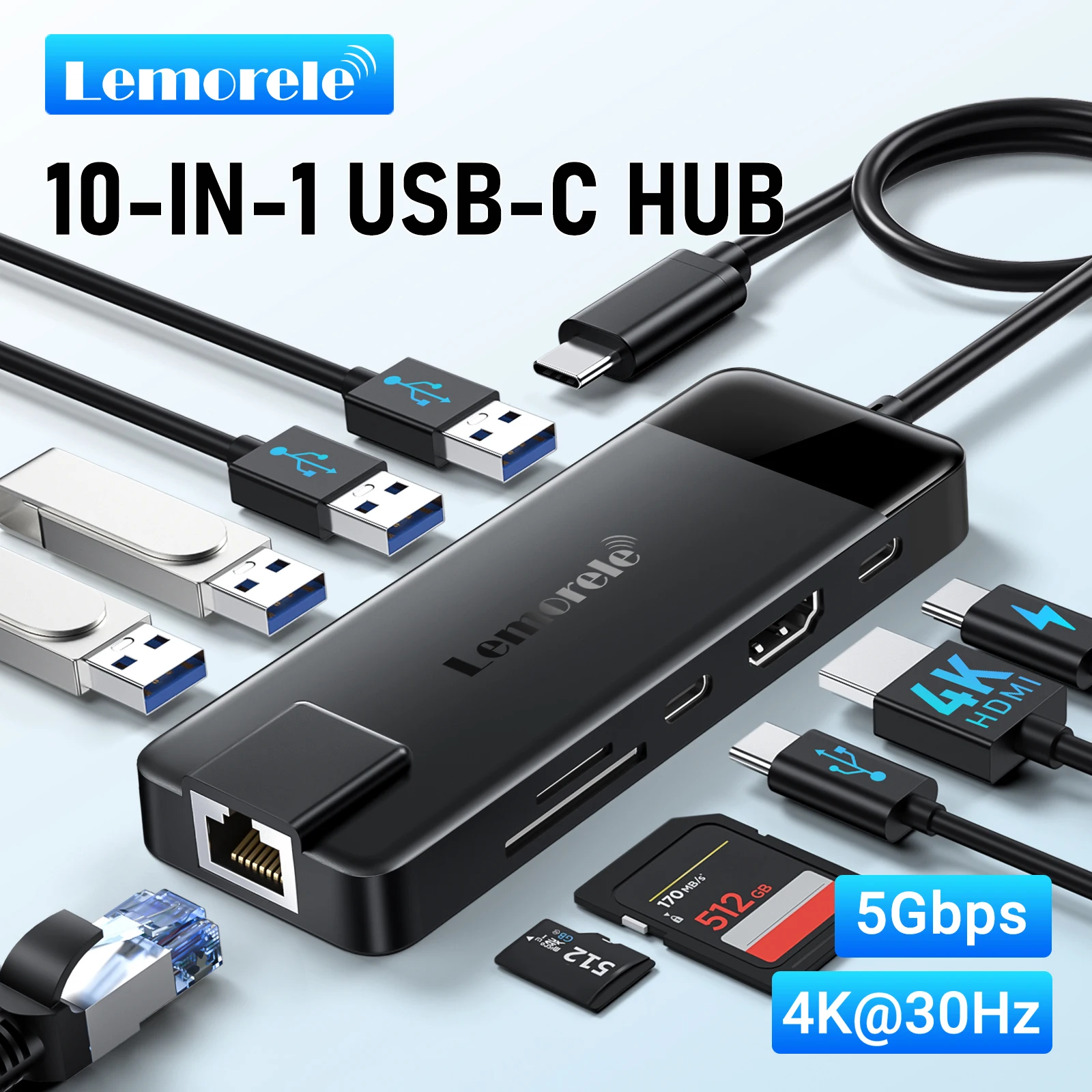 

Док-станция Lemorele с 10 портами USB Type-C на HDMI 4K RJ45 PD 100 Вт