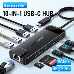 Lemorele 10Ports USB C Hub Type C to HDMI 4K RJ45 PD 100W Adapter Docking Station for Mac USB 2.0 3.0 Hub Laptop Tablet Accessor