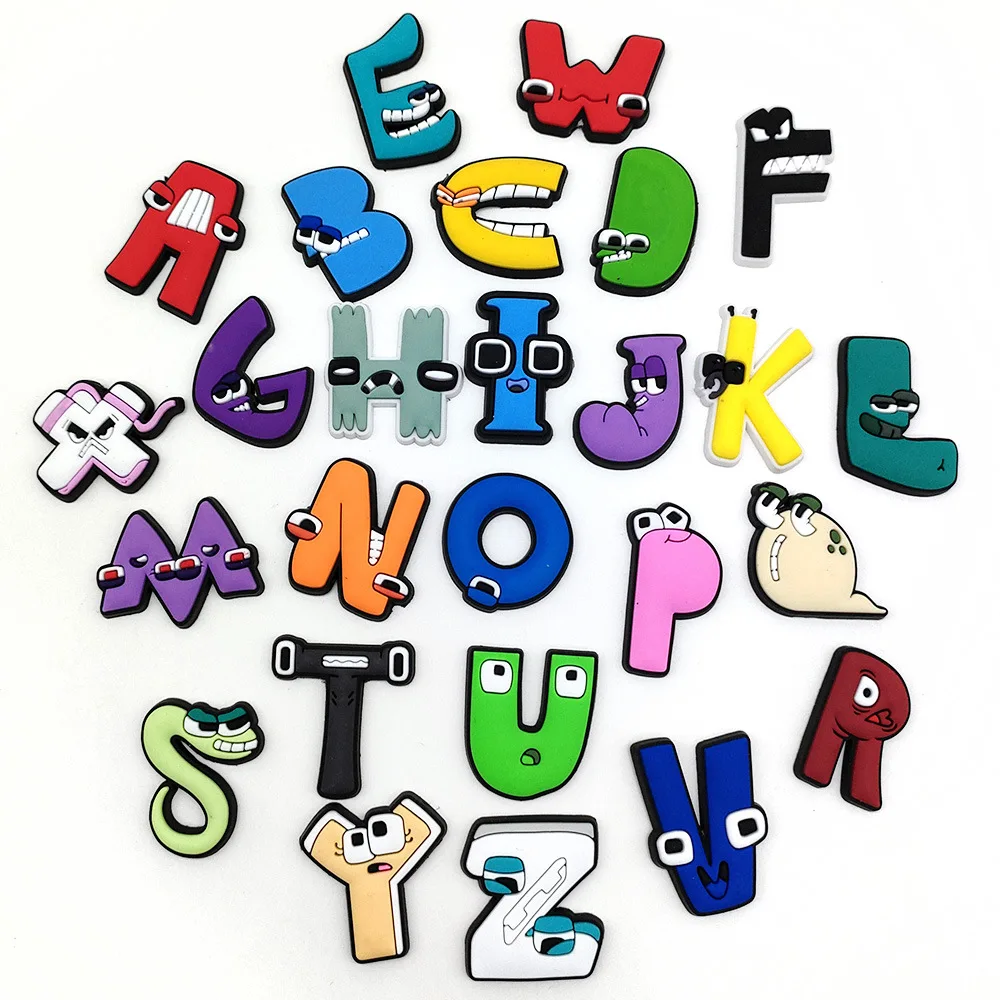 26Pcs English Letters Legend Shoe Charms For Clogs Bubble Slides Sandals PVC Shoe Decorations Buckle Accessories For Kids Gifts