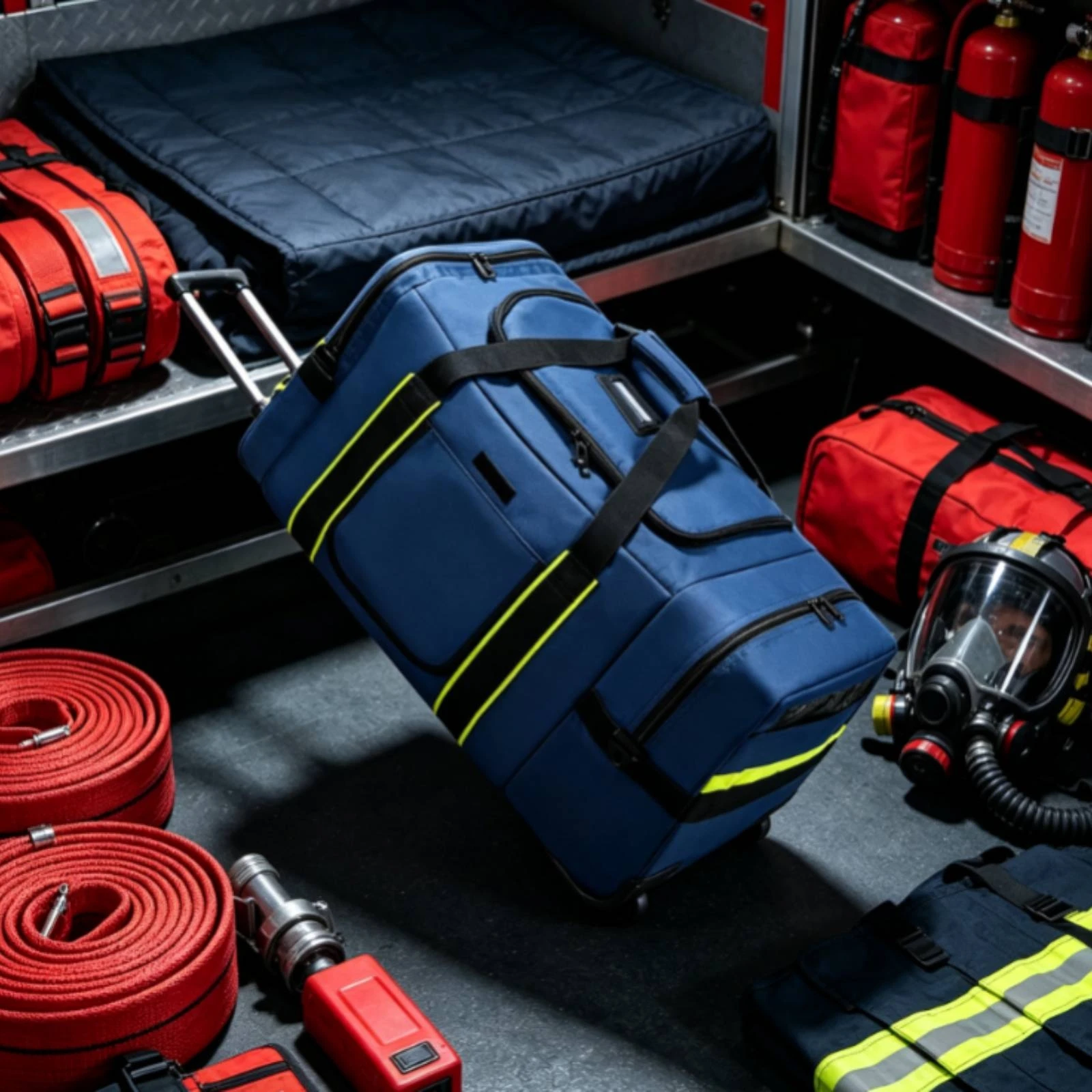 Emergency Gear Bag with Wheels Heavy-Duty Duffel Bag with Telescoping Handle Reflective Multi-Compartment for Firefighters