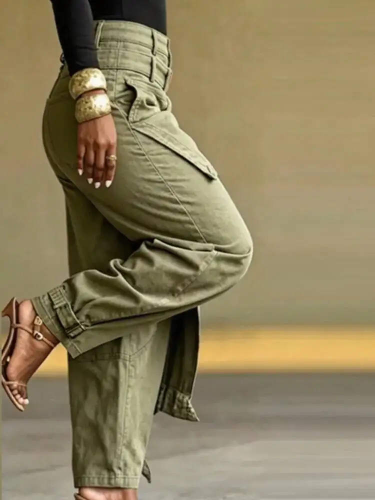 SHENGPALAE Women High Waist Jeans Apron Panel Design Tie Cuff Loose Denim Jogger Trousers Streetwear Autumn 2026 New 05E03295